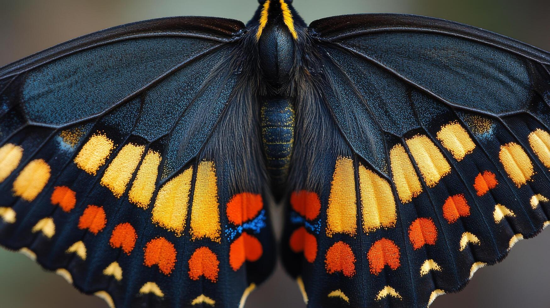 Close-up view of a vibrant butterfly wing displaying intricate patterns and colors in natural light photo