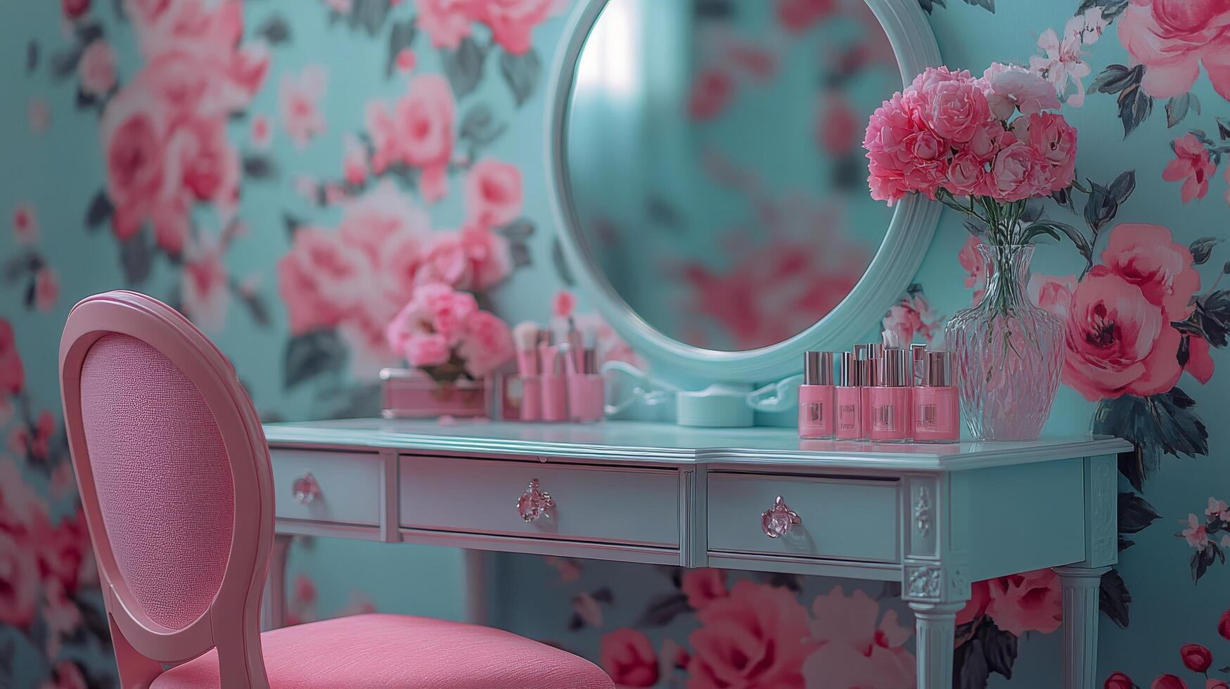 Elegant vanity table adorned with pink flowers in a softly lit room photo