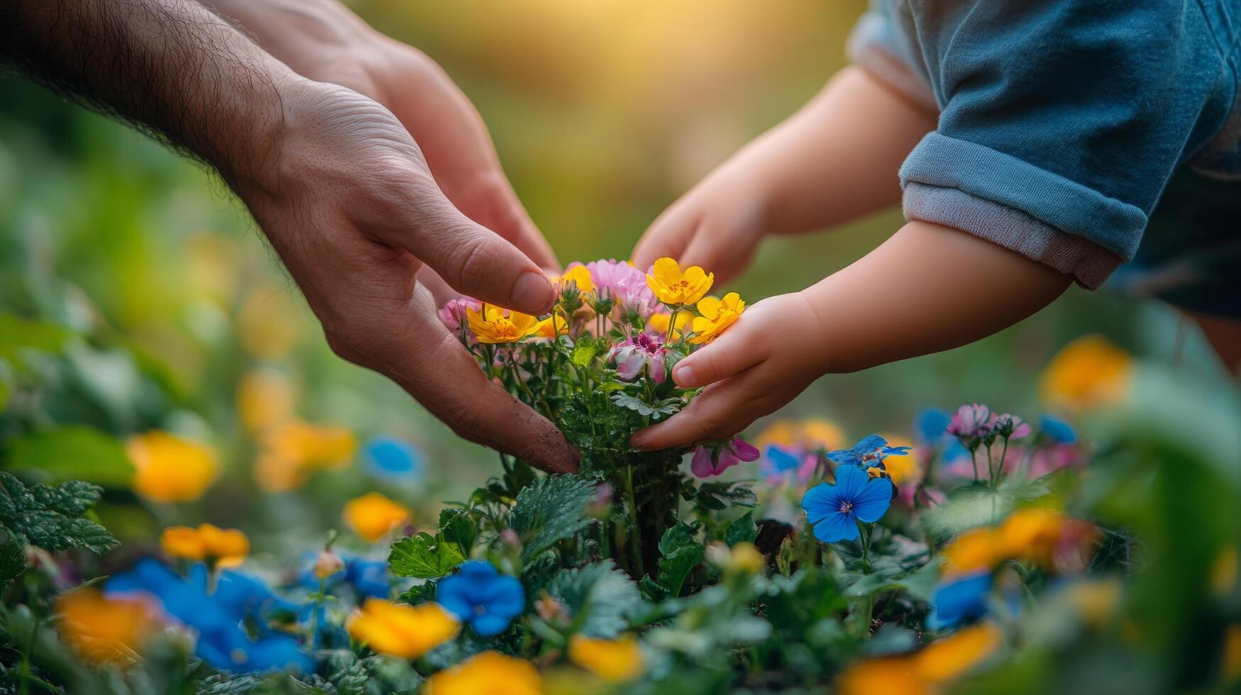 Hands of a child and an adult gently touching colorful flowers in a garden during golden hour photo