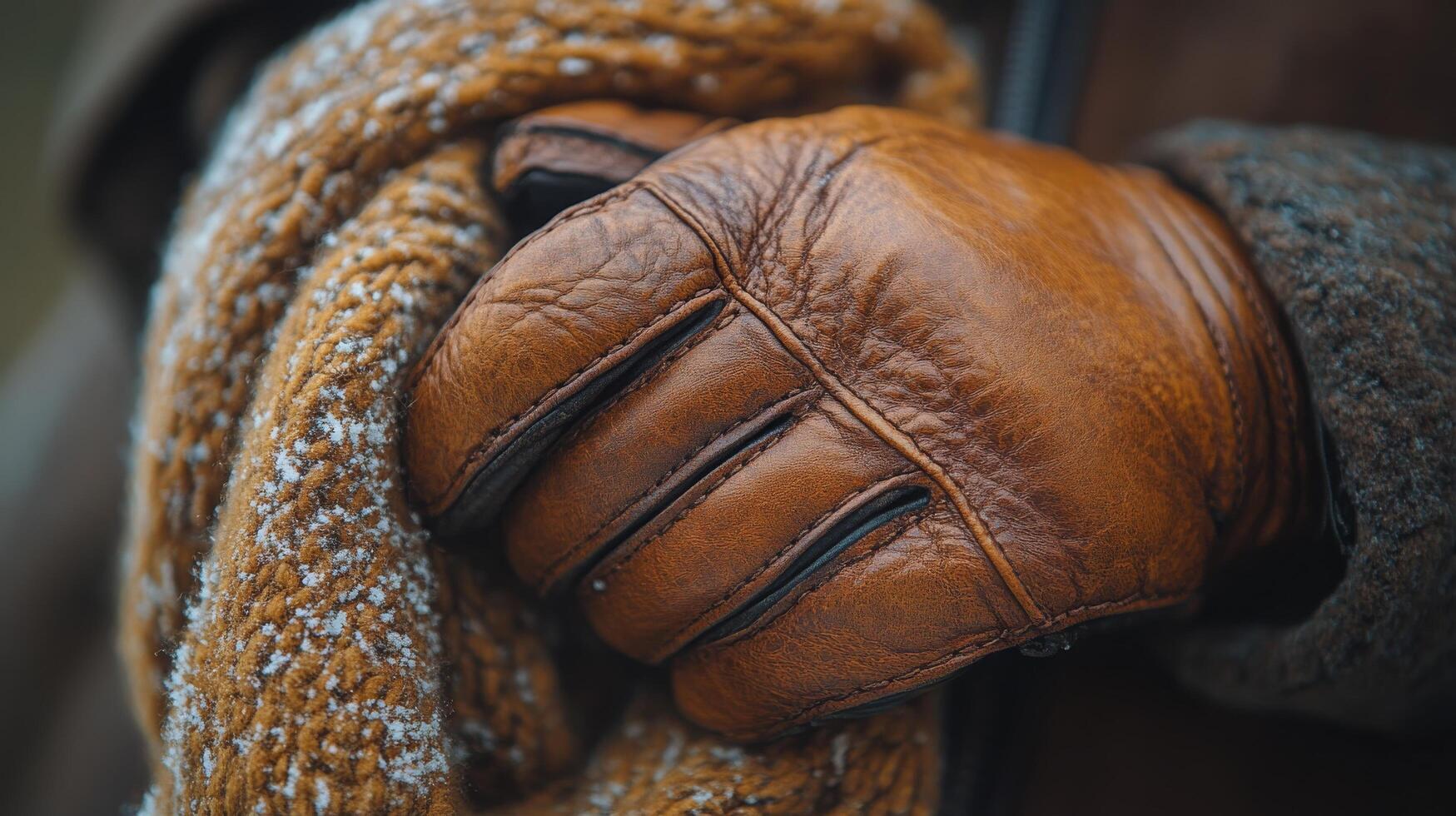 Warm brown leather gloves on person bundled in cozy scarf and jacket during chilly weather photo