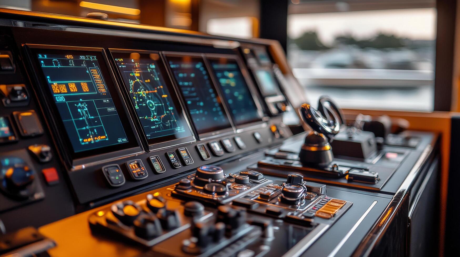 Navigating a luxury yacht at sunset with advanced control panels and scenic water views photo