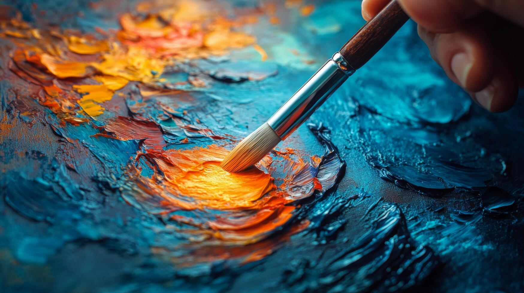 Artistic expression with vibrant colors using a brush on canvas in a creative environment photo