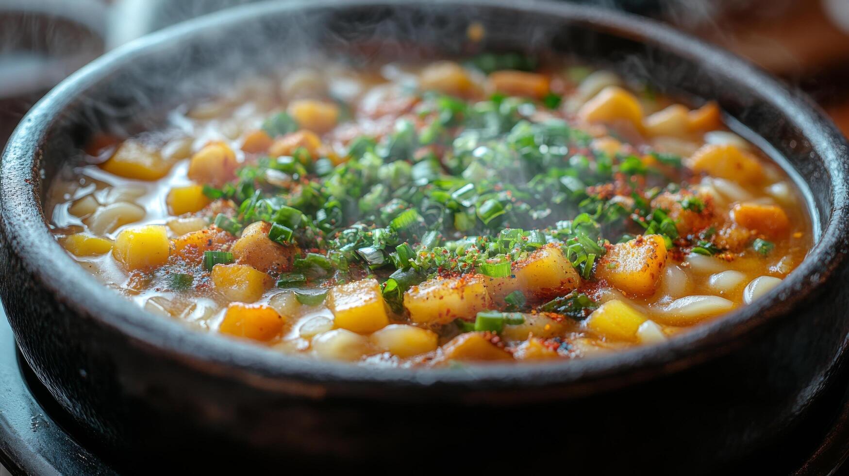 Delicious steaming vegetable soup with beans and herbs in a rustic bowl photo