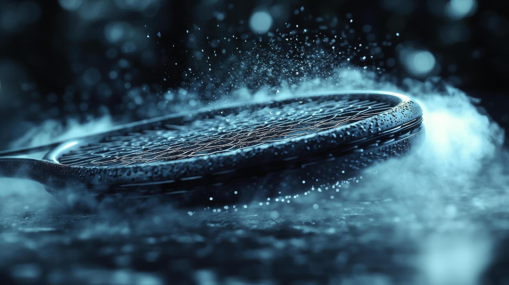 Tennis ball splashes in water as racket strikes during rainy match outside photo