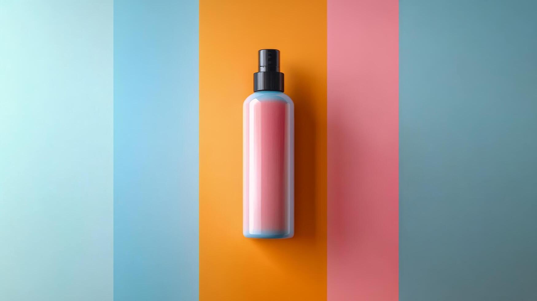 Pink liquid soap dispenser against a pastel background with soft shadows photo