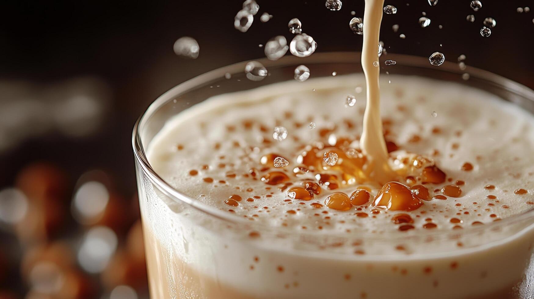 Delicious layered coffee beverage with whipped cream and cocoa sprinkle on wooden table photo