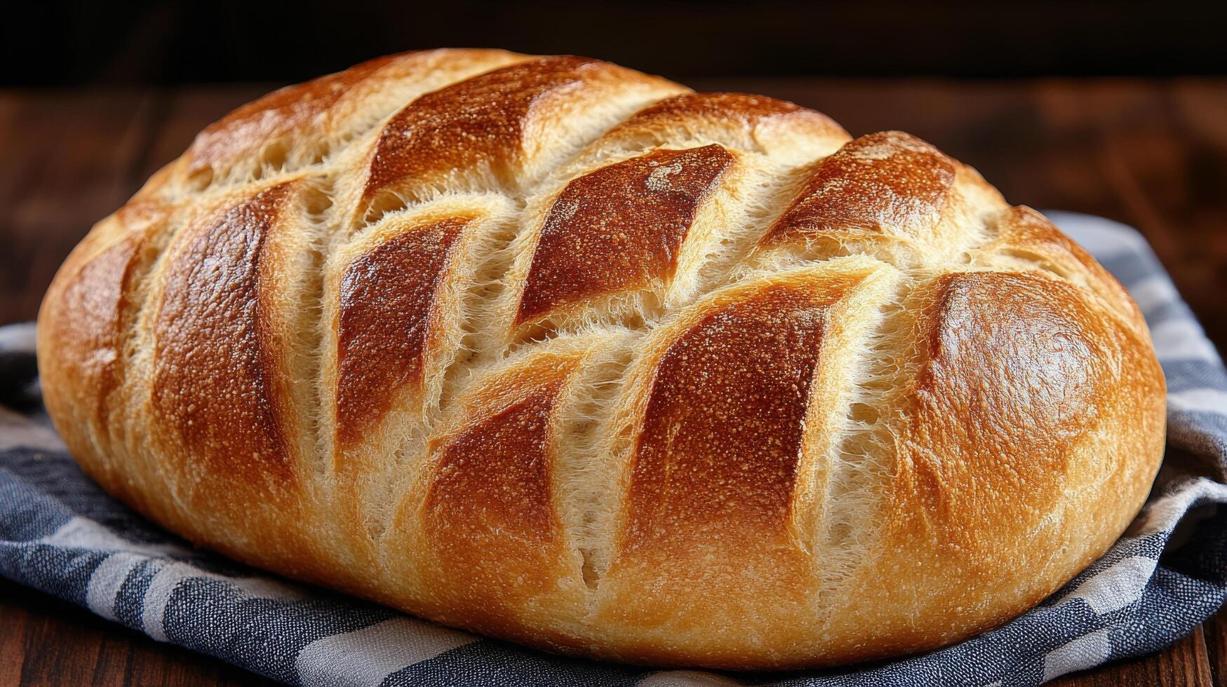 Freshly baked bread loaf with golden crust on a kitchen towel photo