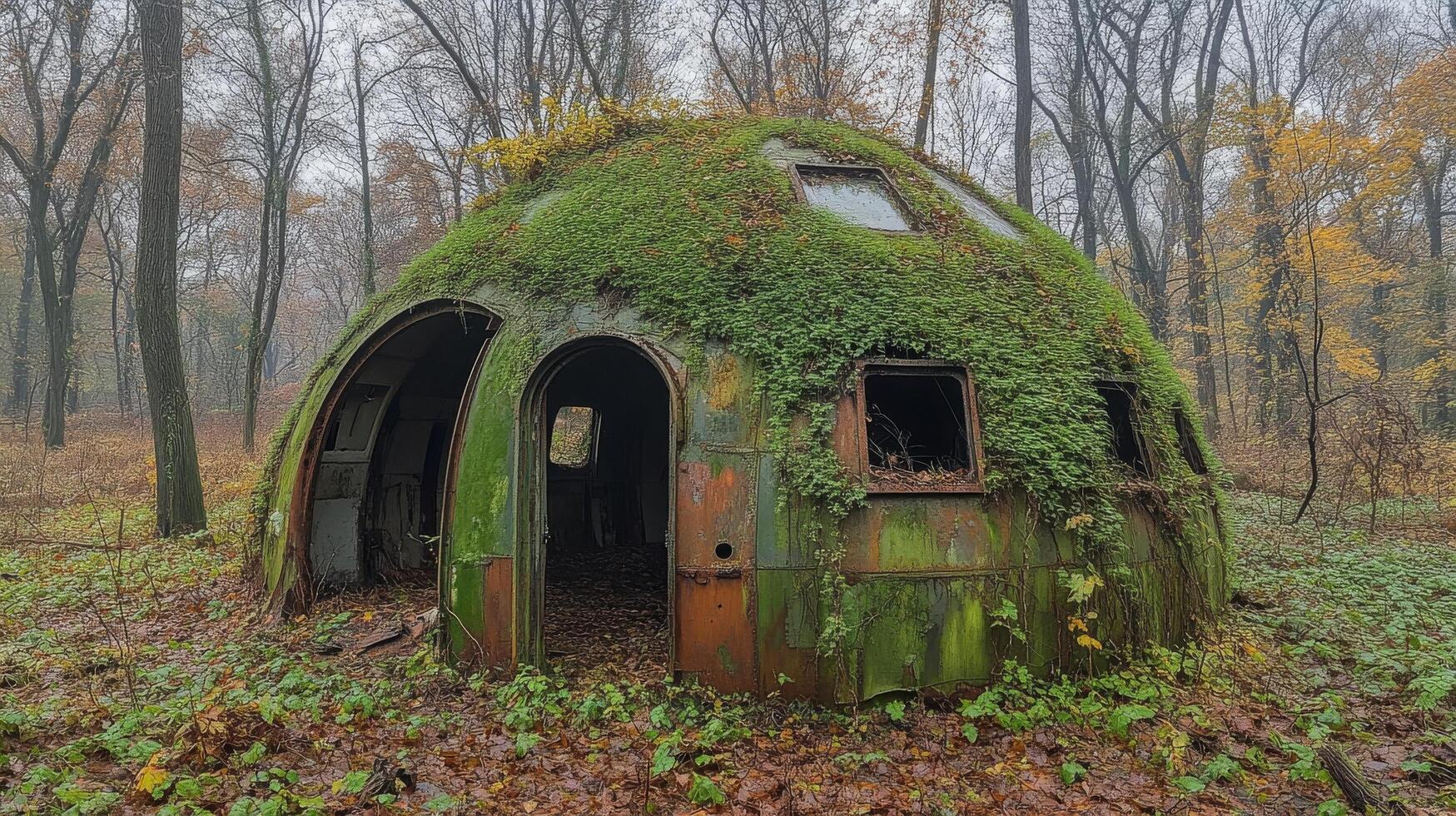 Abandoned dome house covered in vines in a lush green landscape under a cloudy sky photo