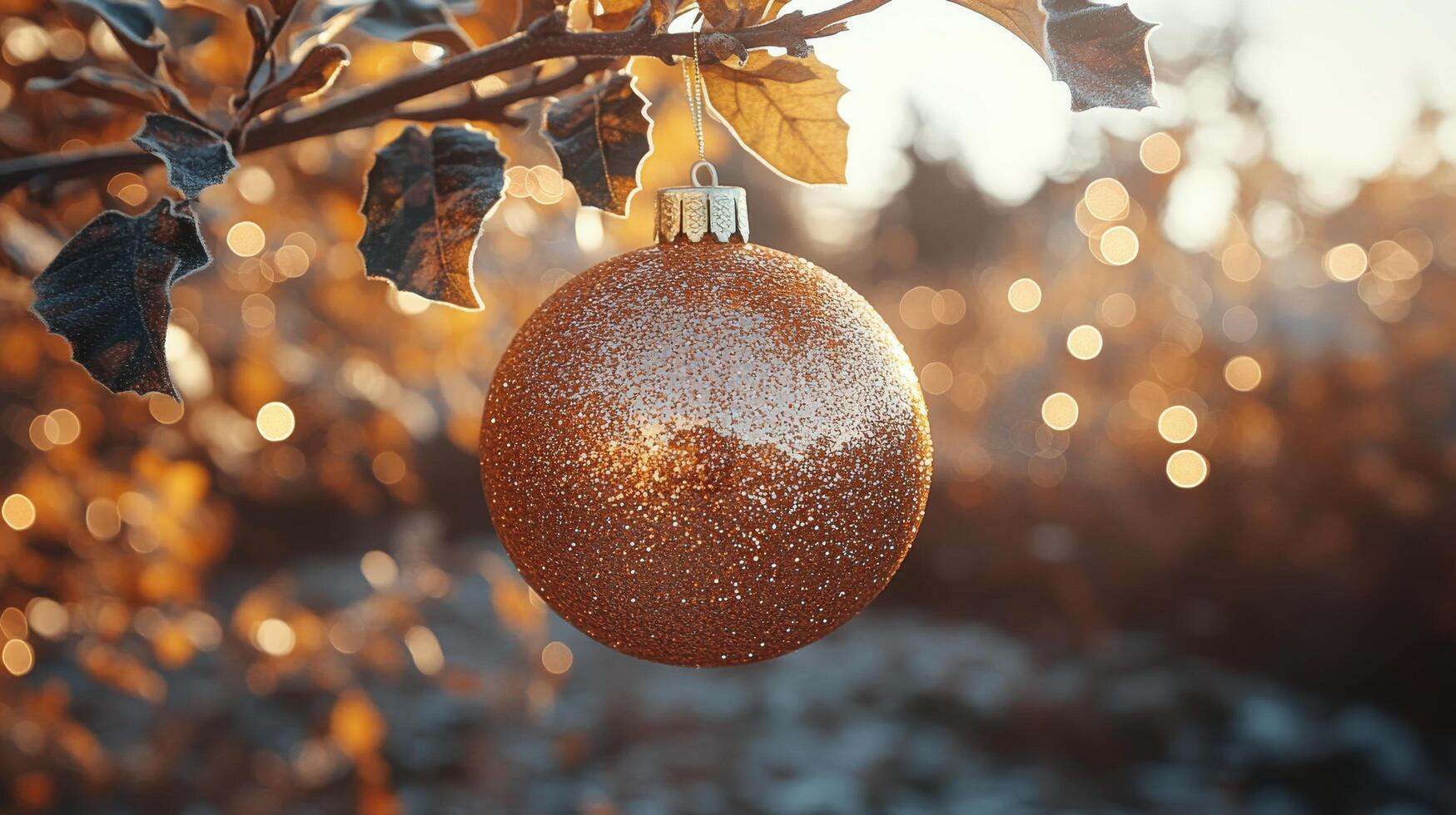 Frosted Christmas ornament hanging on a snowy branch during winter photo
