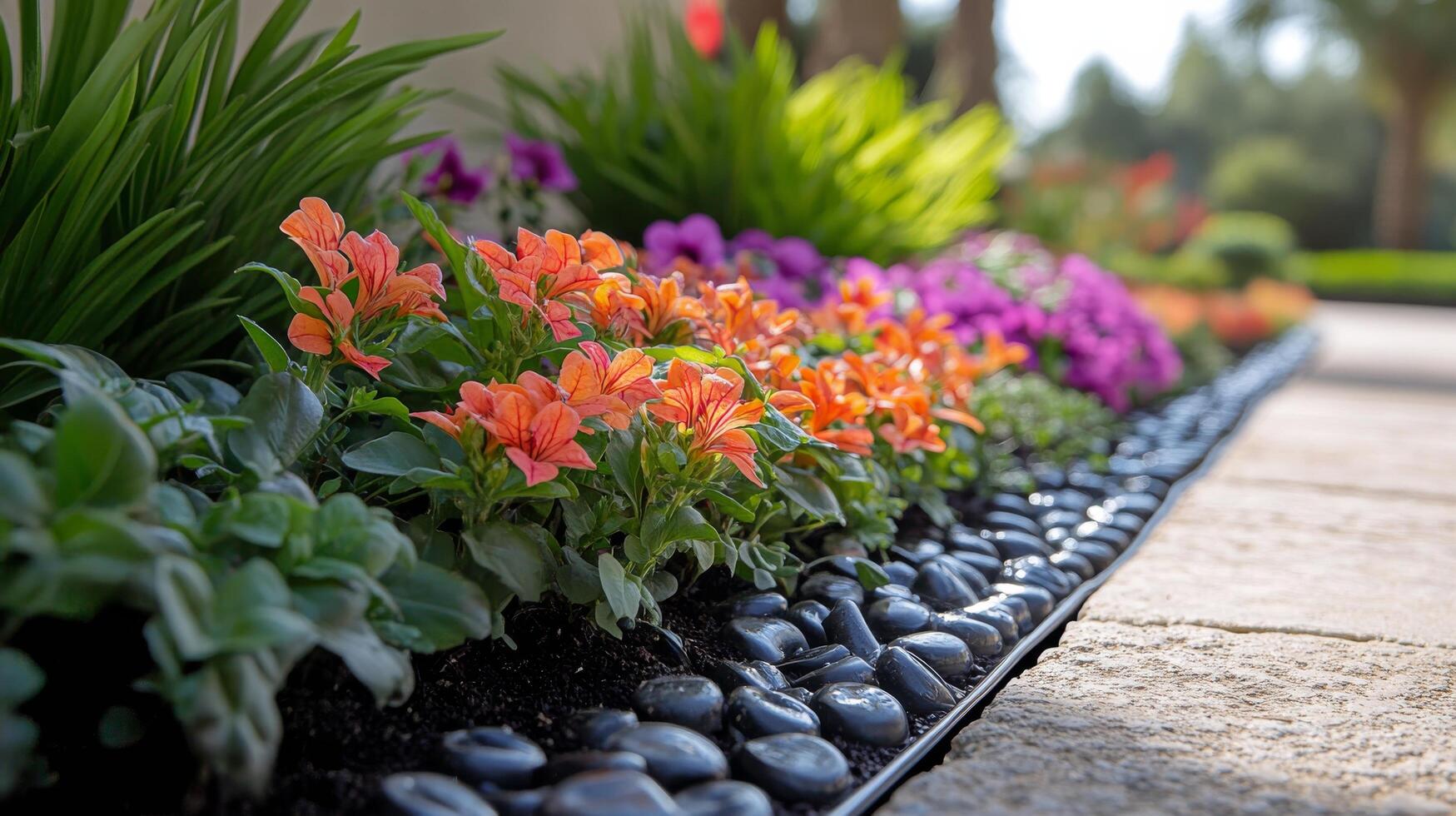 Beautiful pink flowers bloom along a stone pathway in a lush garden during a sunny afternoon photo