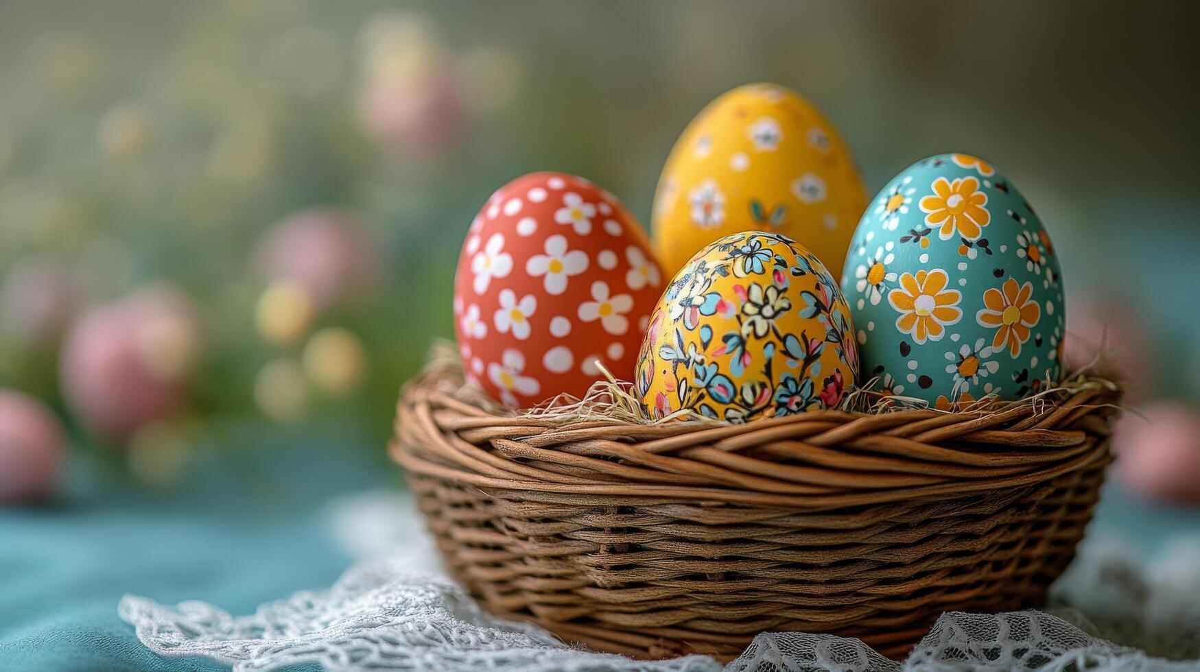 Colorful Easter eggs in a decorative basket on a spring-themed table setting photo