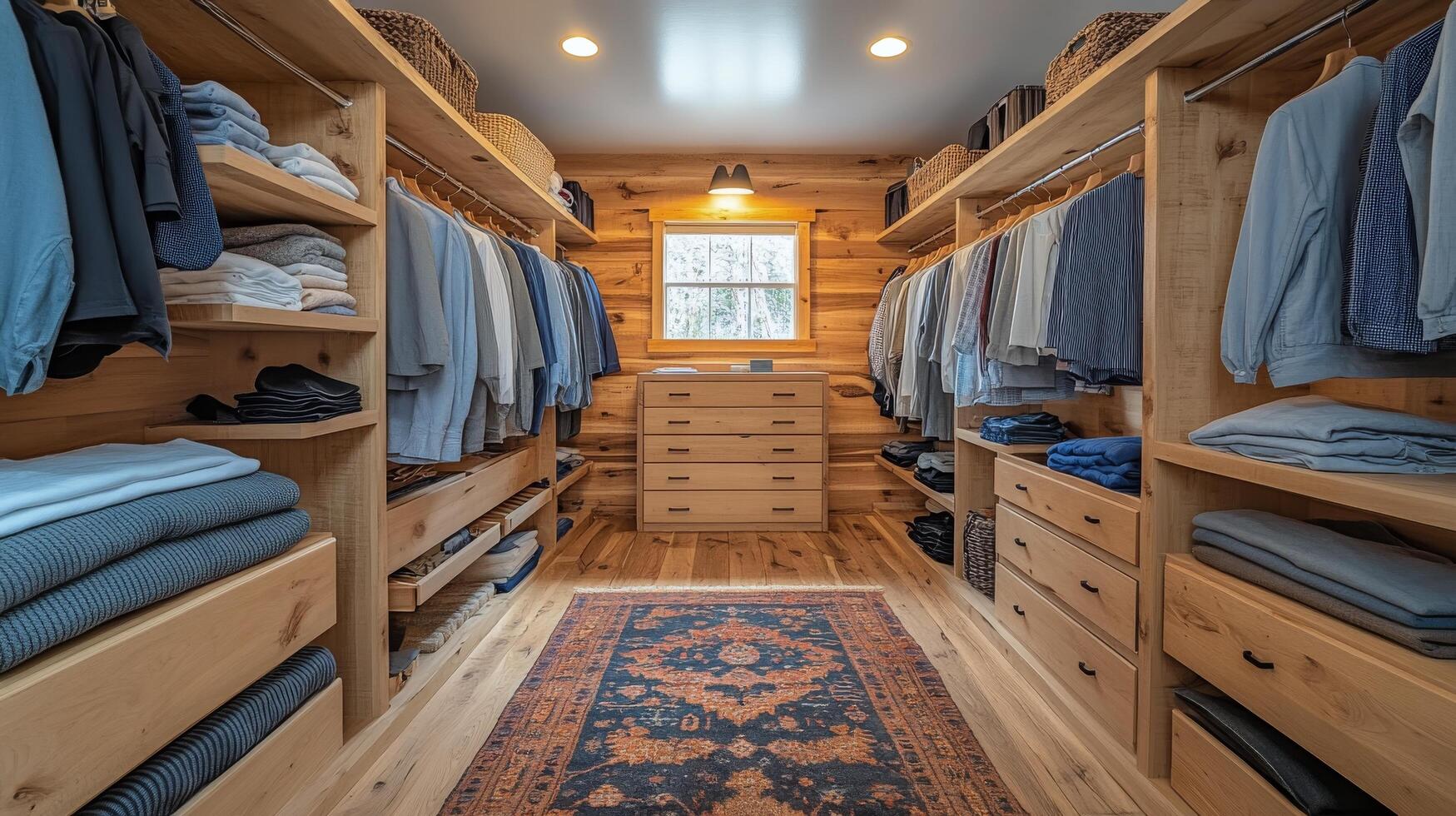 Organized wooden closet with neatly arranged clothes and accessories in a bright setting photo