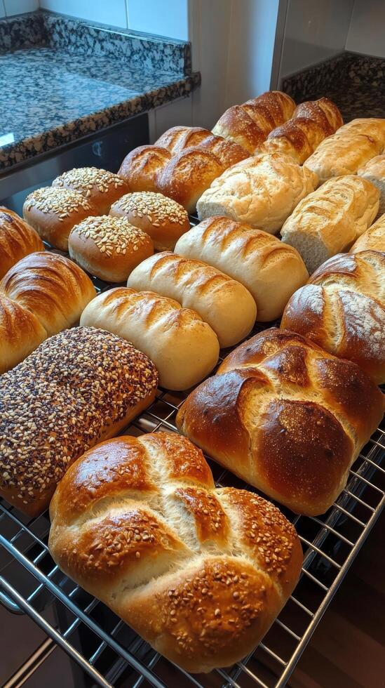 Freshly baked assorted bread rolls on display at a local bakery for customers to choose from photo