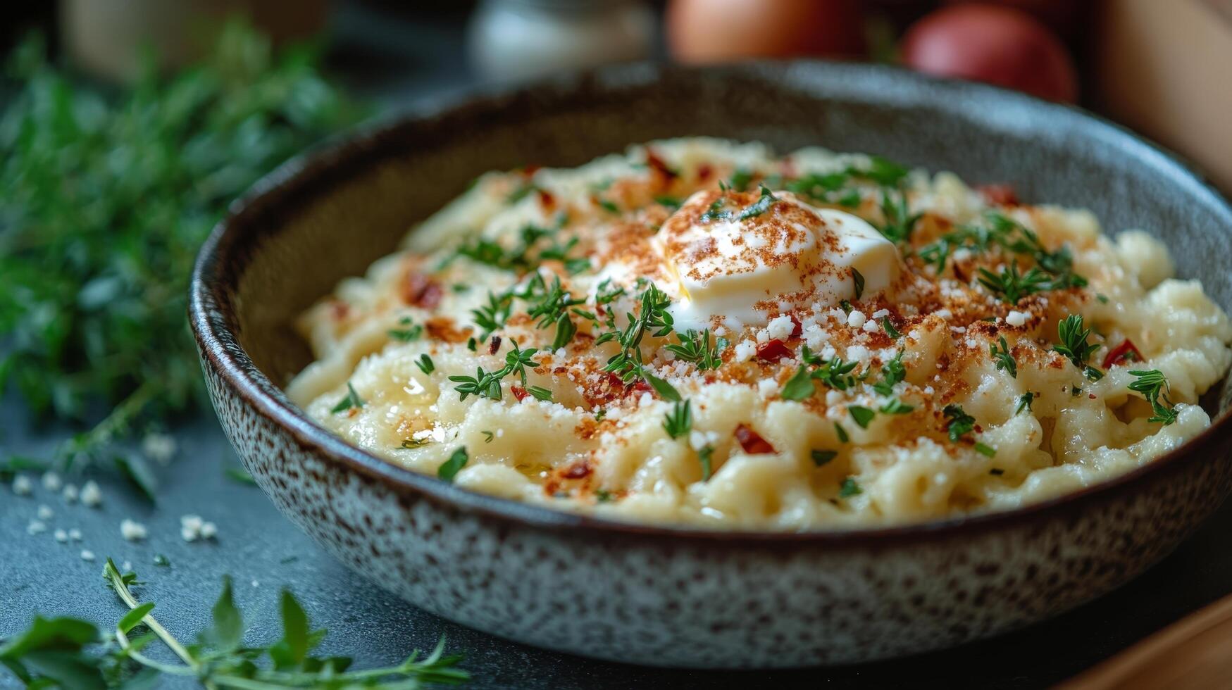 Creamy pasta dish topped with butter and parsley served in a restaurant setting photo