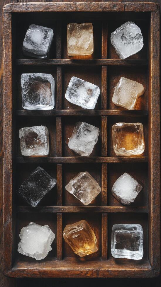 Unique arrangement of transparent and colored ice cubes in a wooden tray photo