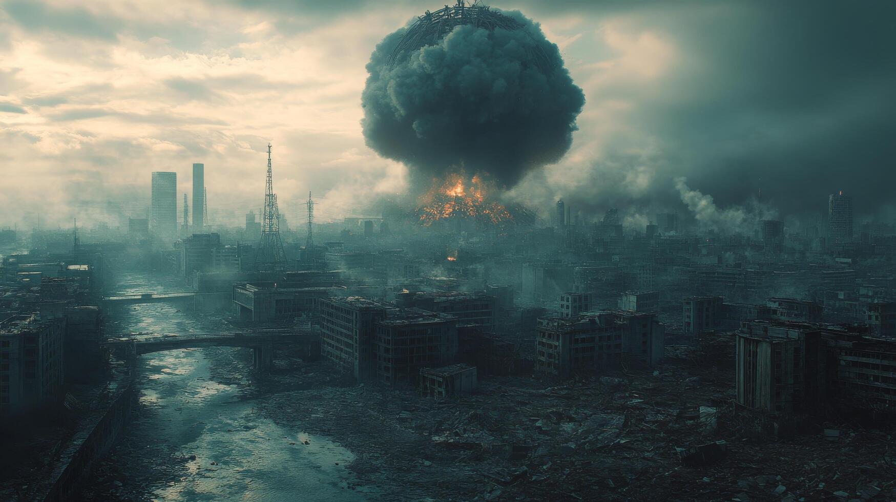 Desolate urban landscape with smog and ruined buildings in an abandoned area during cloudy weather photo