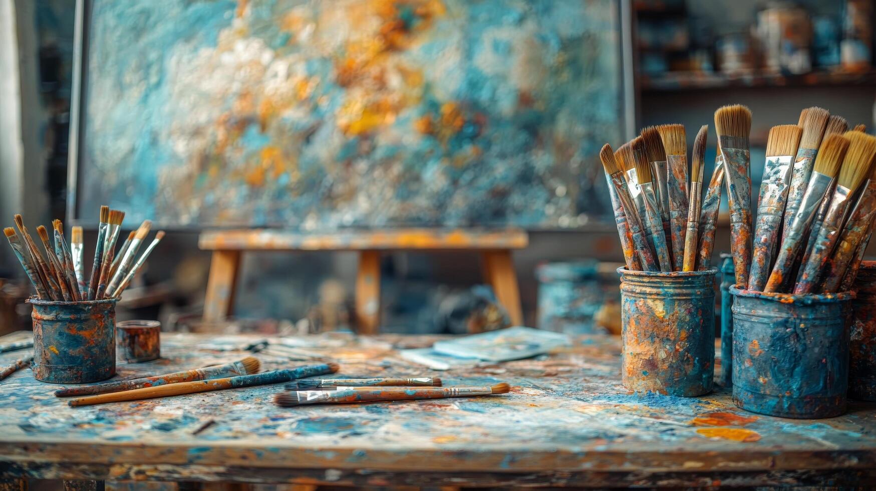 Vibrant paintbrushes in blue jars on a rustic art studio table filled with color photo