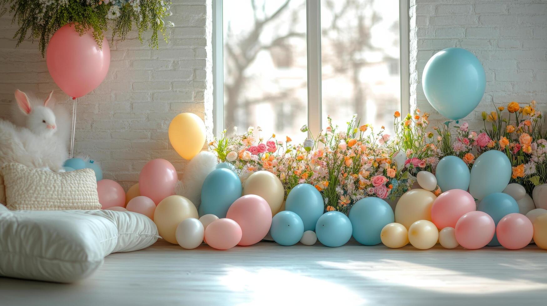 Colorful balloons and flowers create a festive atmosphere in a bright indoor setting photo