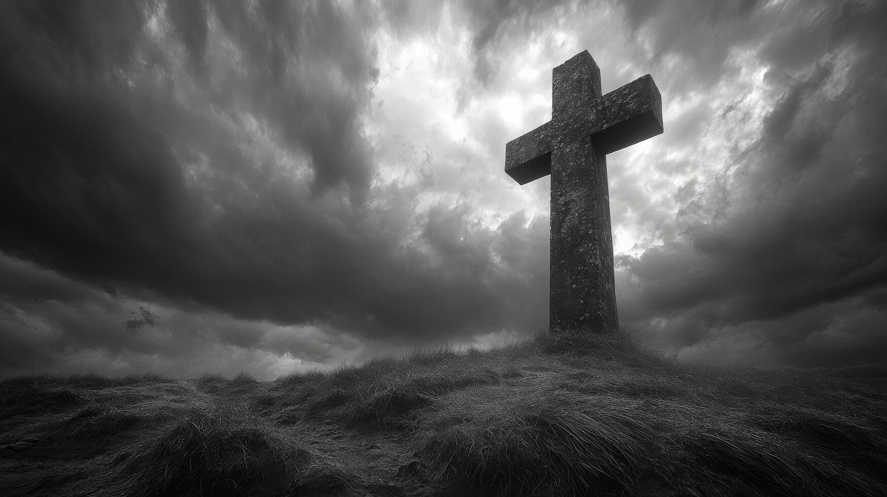 Celtic cross standing on a hill under dark stormy sky at dusk with dramatic clouds and moody atmosphere photo
