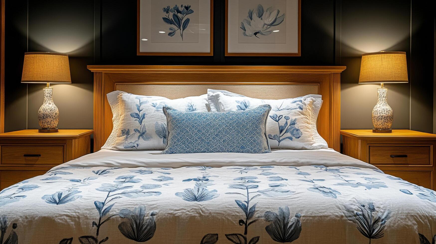 Cozy bedroom featuring a wooden bed with plush bedding and stylish decor in a warm and inviting atmosphere photo