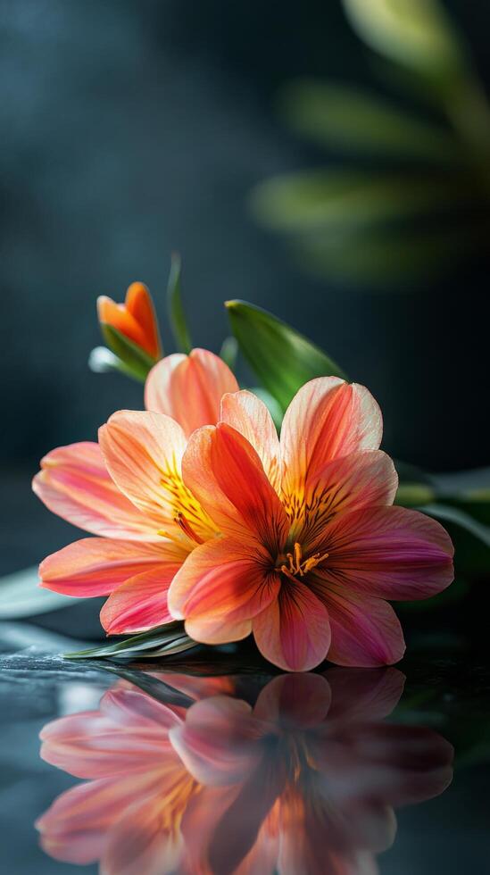 Bright pink flower in black pot against colorful background with blurred textures photo