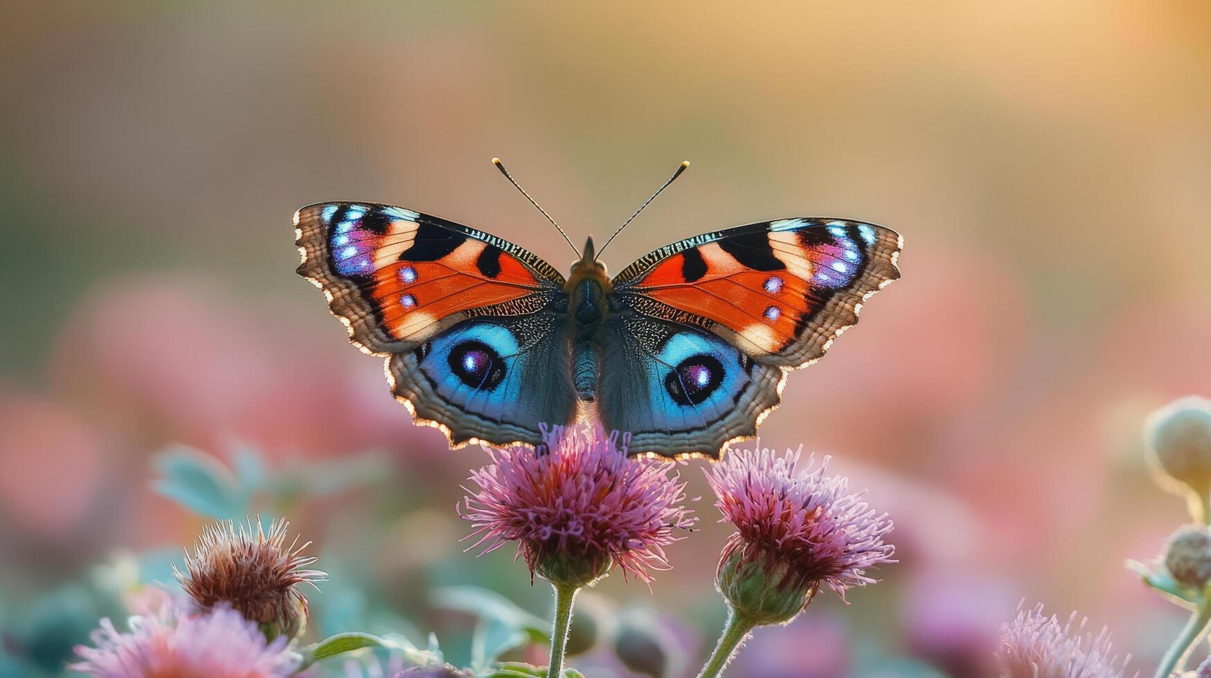 Colorful butterfly perched on vibrant flowers in a sunny garden during springtime photo