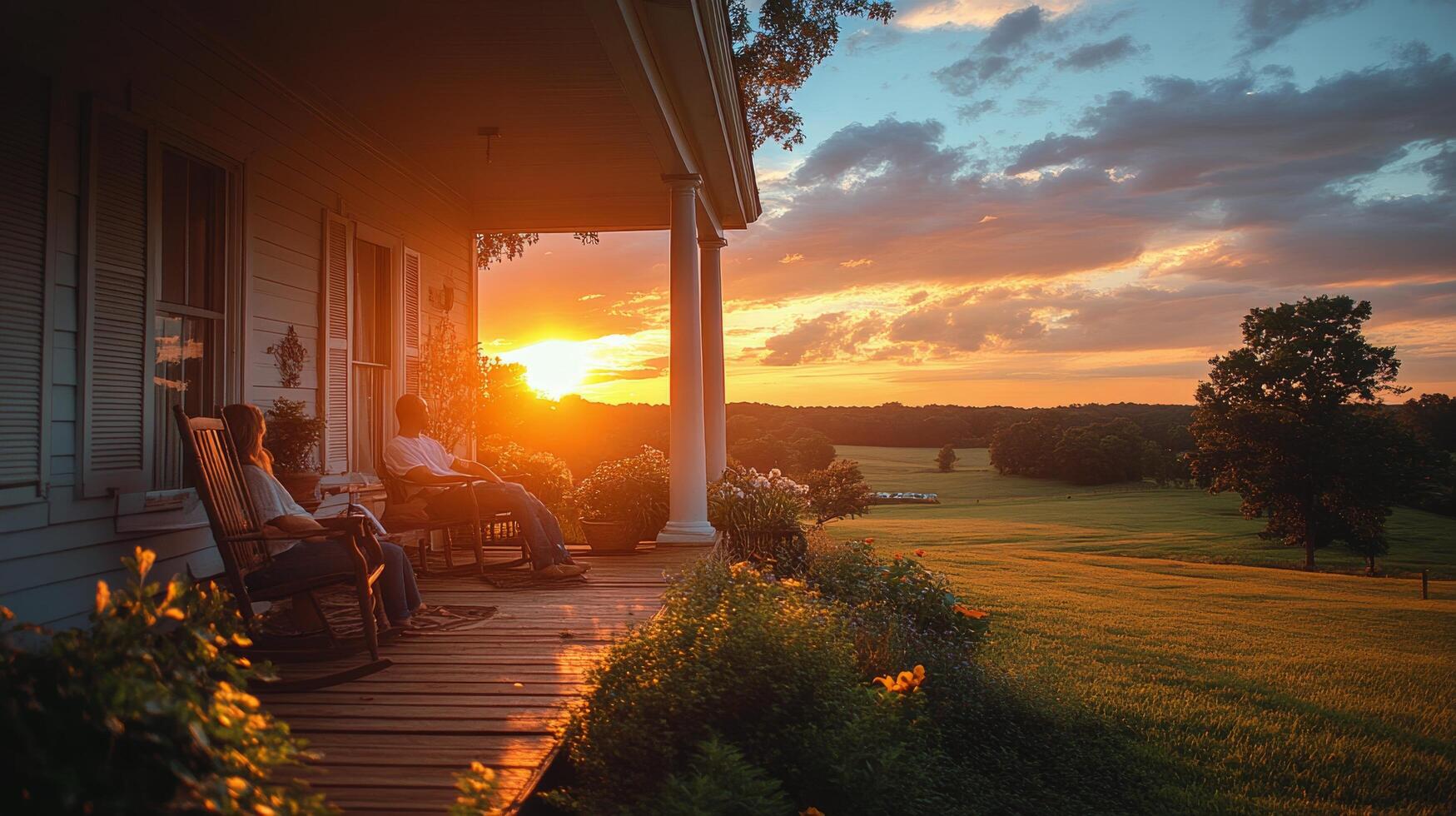Sunset view from a cozy porch adorned with flowers in a rural landscape photo