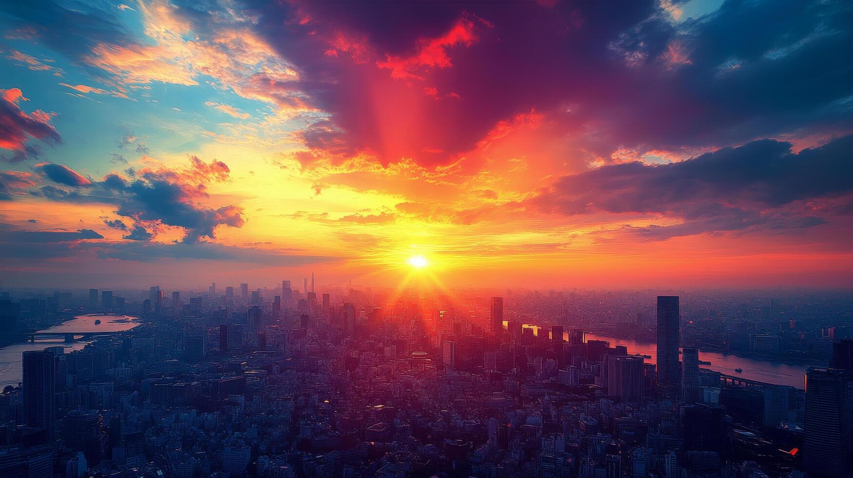Vibrant sunset casting colorful hues over a modern city skyline with towering buildings photo