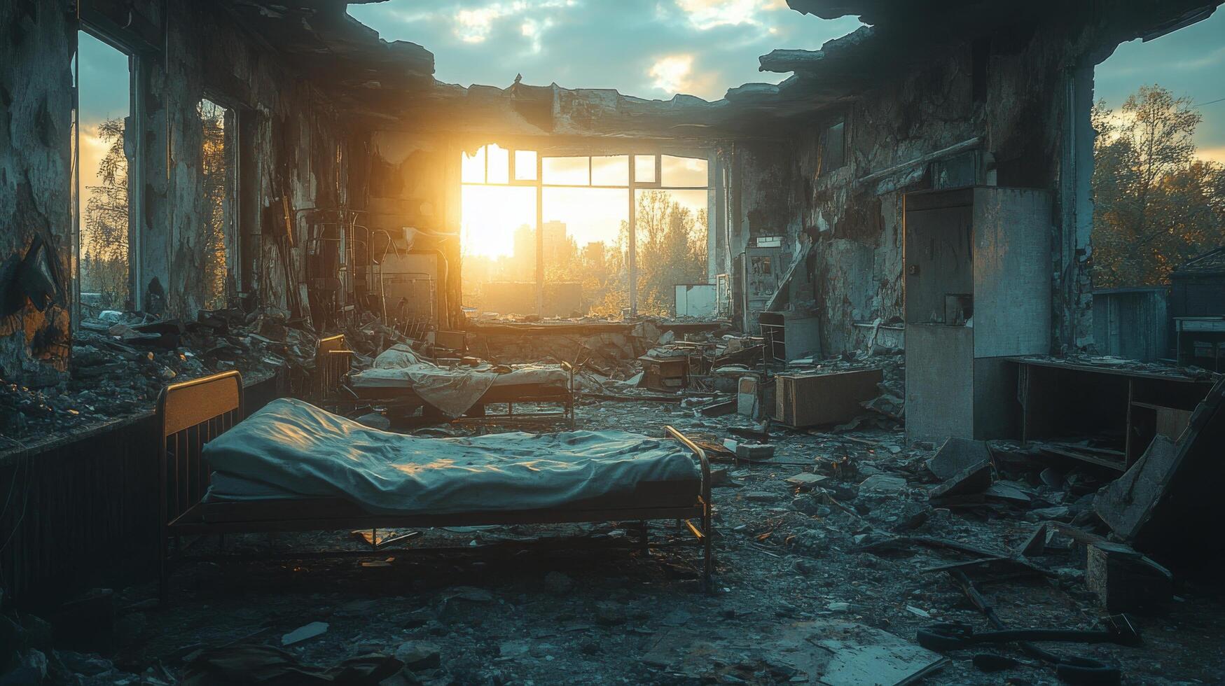 Abandoned hospital room filled with decay and neglect, showcasing empty beds and broken furniture photo