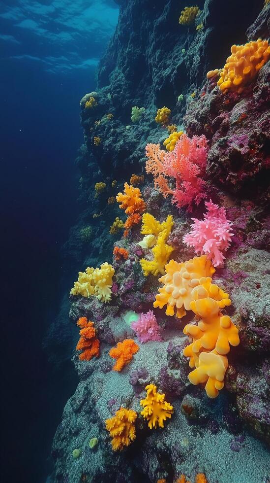 Vibrant coral reefs thriving underwater in a clear blue ocean photo