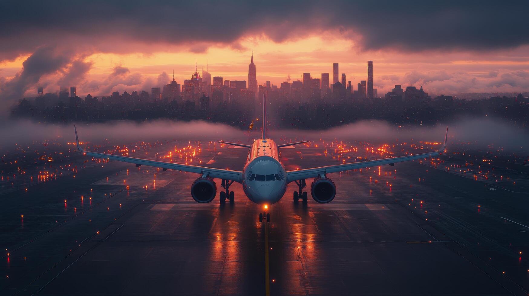 Stunning sunset view of an airplane at a New York airport with city skyline in the background photo