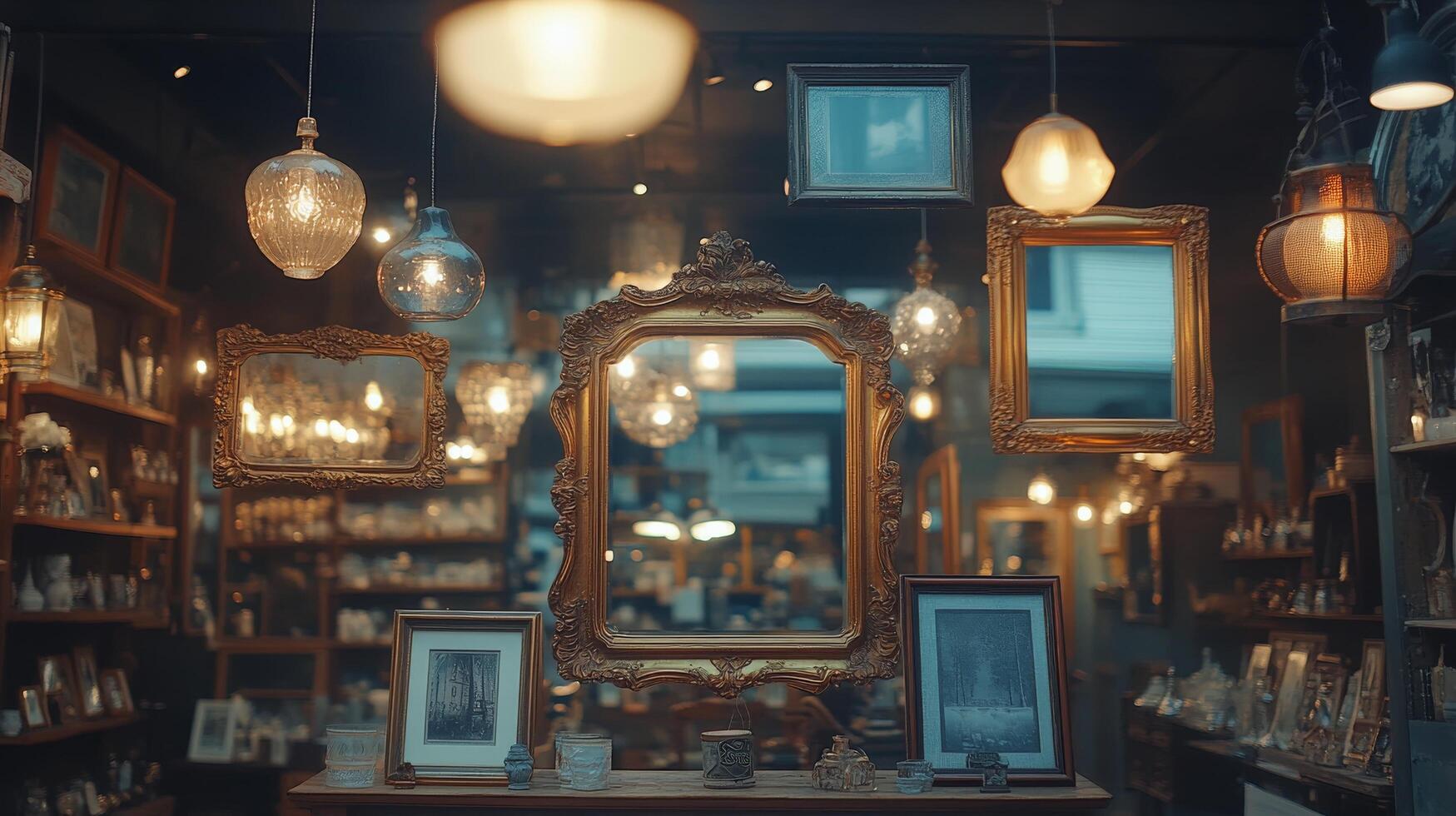 Woman gazes into ornate mirrors in an atmospheric setting with warm lighting photo