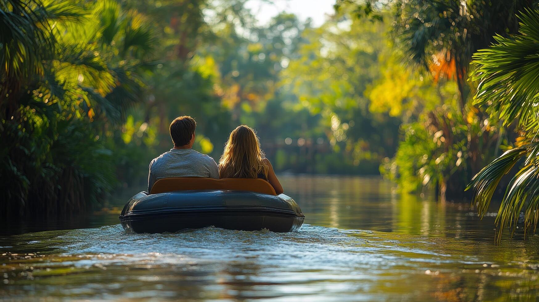Serene boat ride through lush green canal at sunset with tranquil reflection on water photo