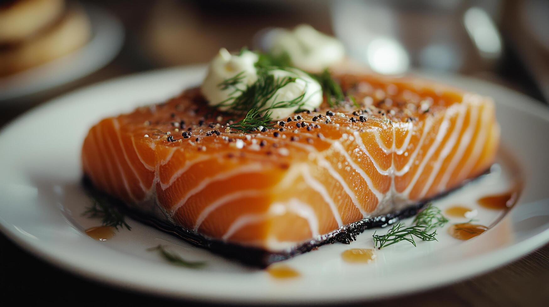 Freshly sliced salmon served with red onion and creamy dressing on a light plate photo