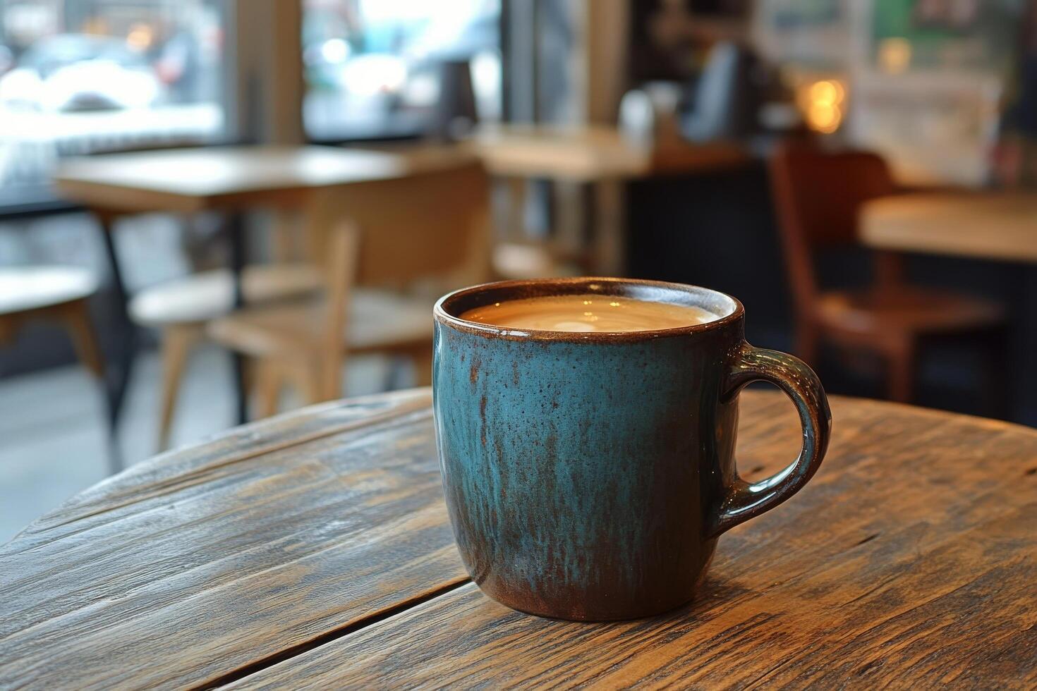 Warm latte served in a textured cup on a rustic wooden table in a cozy caf atmosphere photo