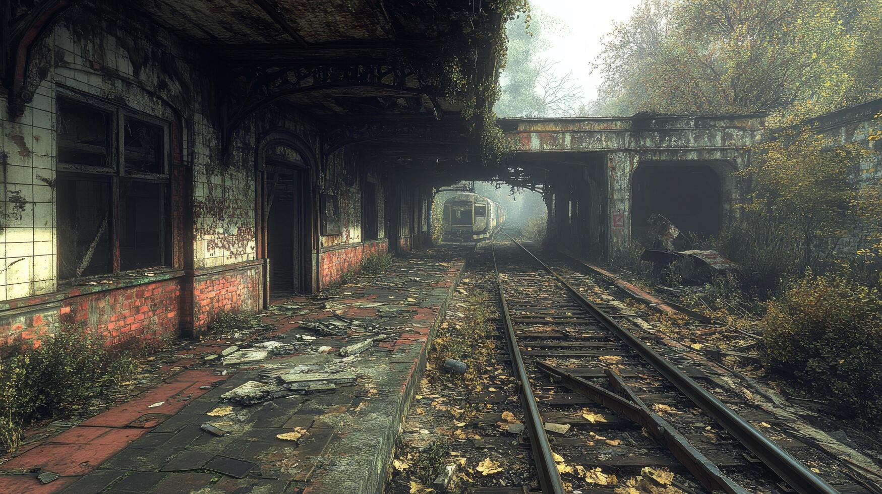 Abandoned railway tracks with autumn foliage in a quiet, rural setting during overcast weather photo