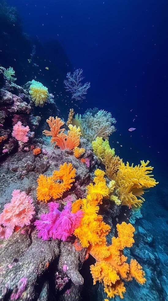 Vibrant coral reefs thriving underwater in a clear blue ocean photo