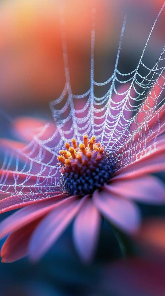 Close-up of a vibrant flower with a delicate spider web adorned with dew drops photo