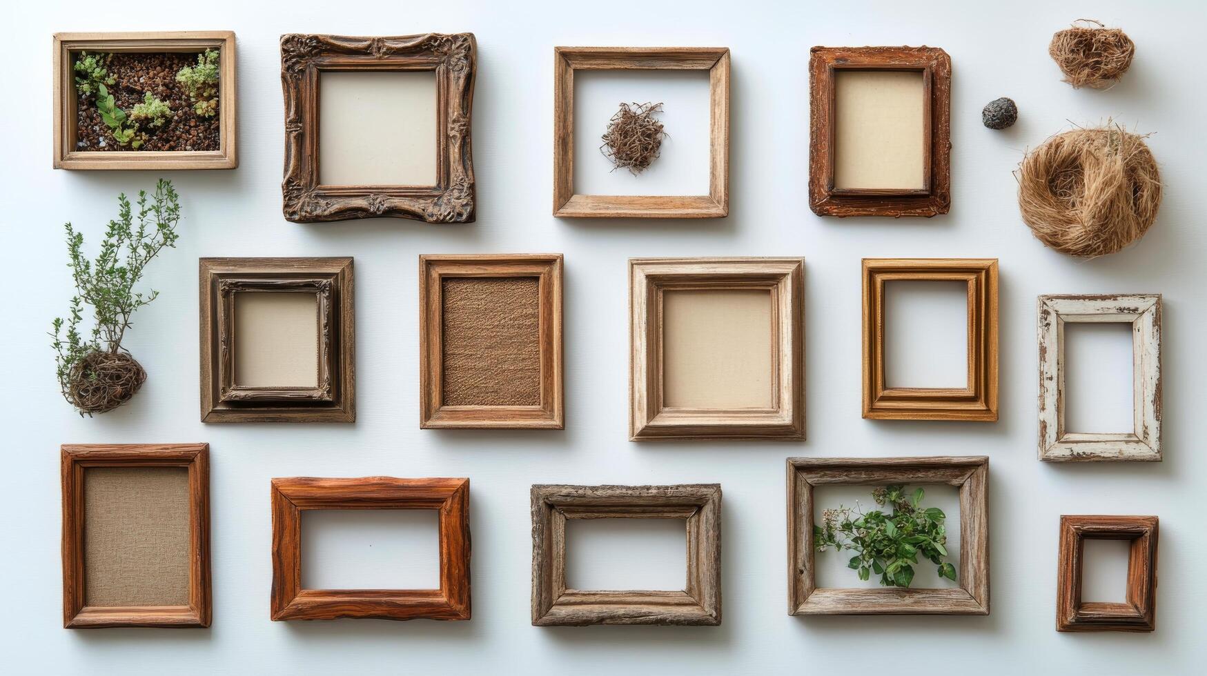 Collection of vintage picture frames arranged on a black surface with a green plant nearby photo