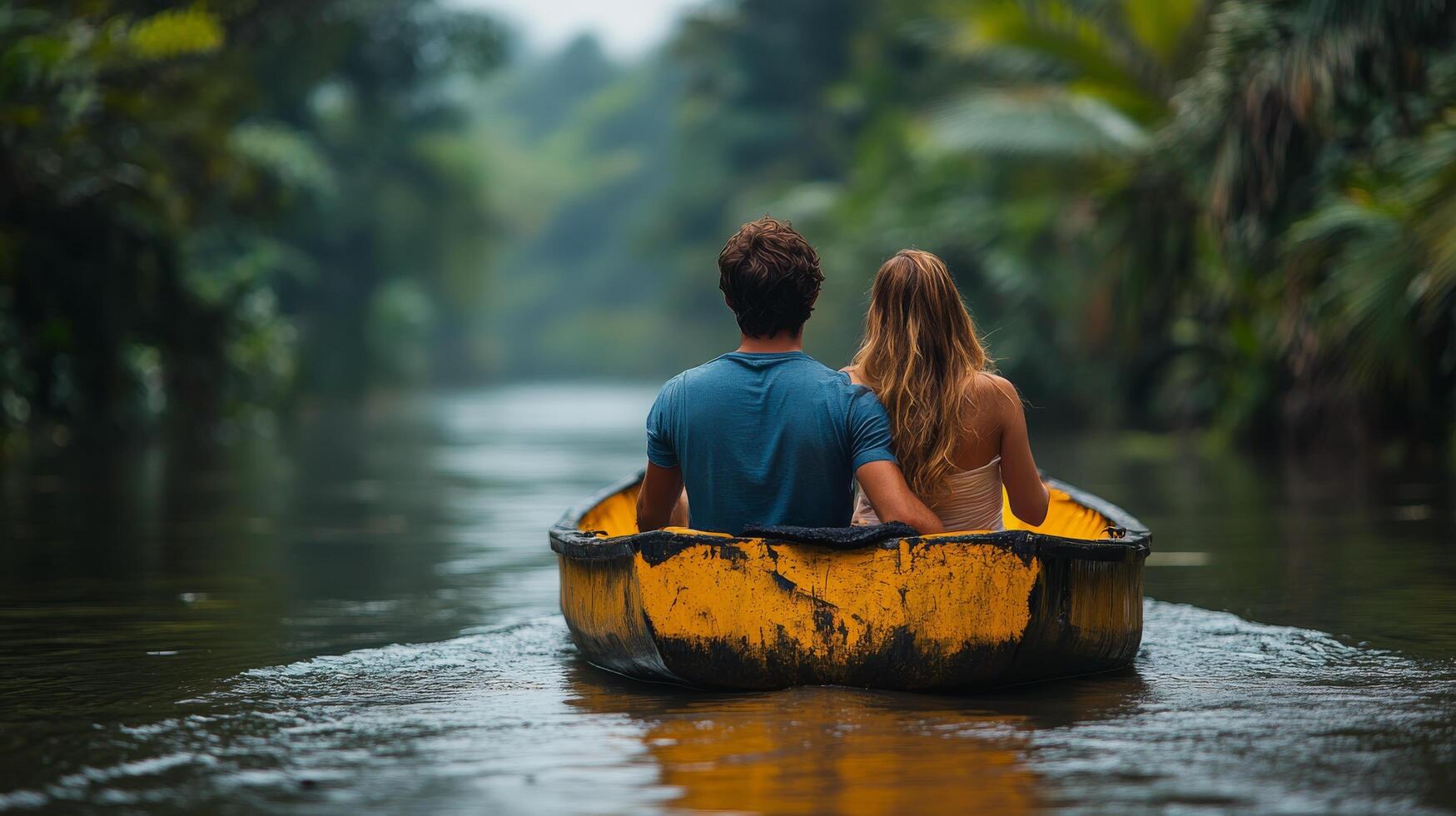 Serene boat ride through lush green canal at sunset with tranquil reflection on water photo