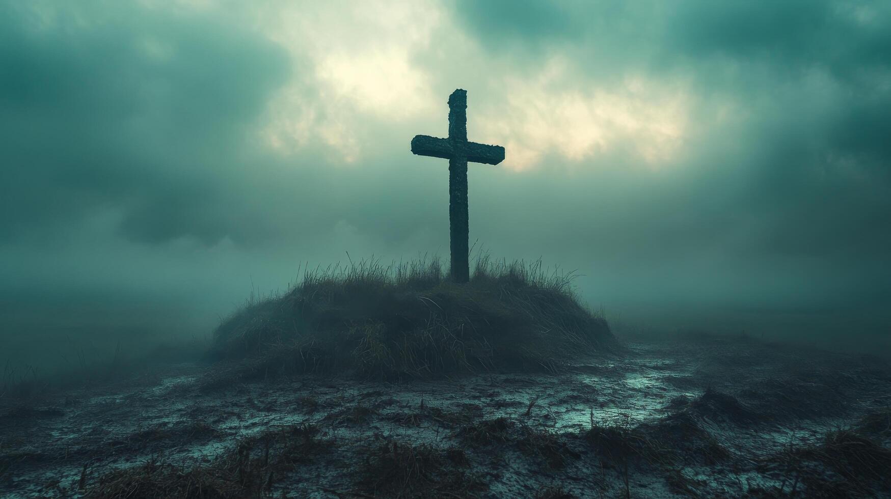 Celtic cross standing on a hill under dark stormy sky at dusk with dramatic clouds and moody atmosphere photo