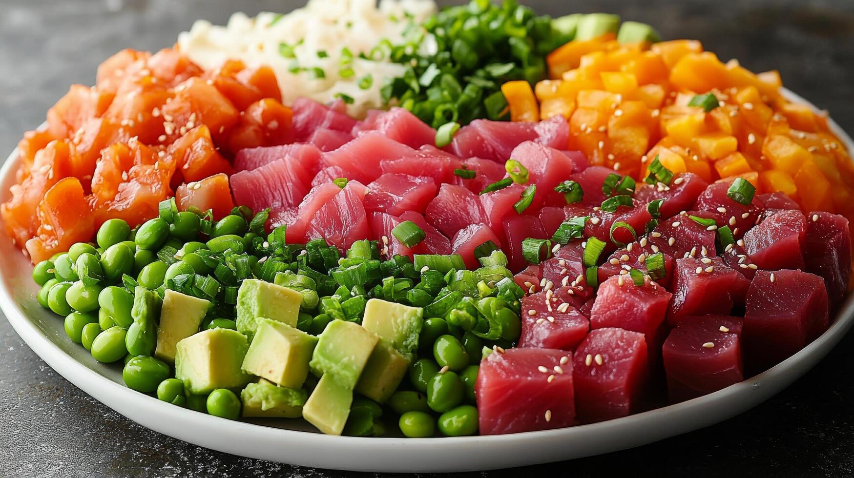 Vibrant sushi platter featuring fresh tuna, avocado, cucumber, and edamame in a colorful arrangement photo