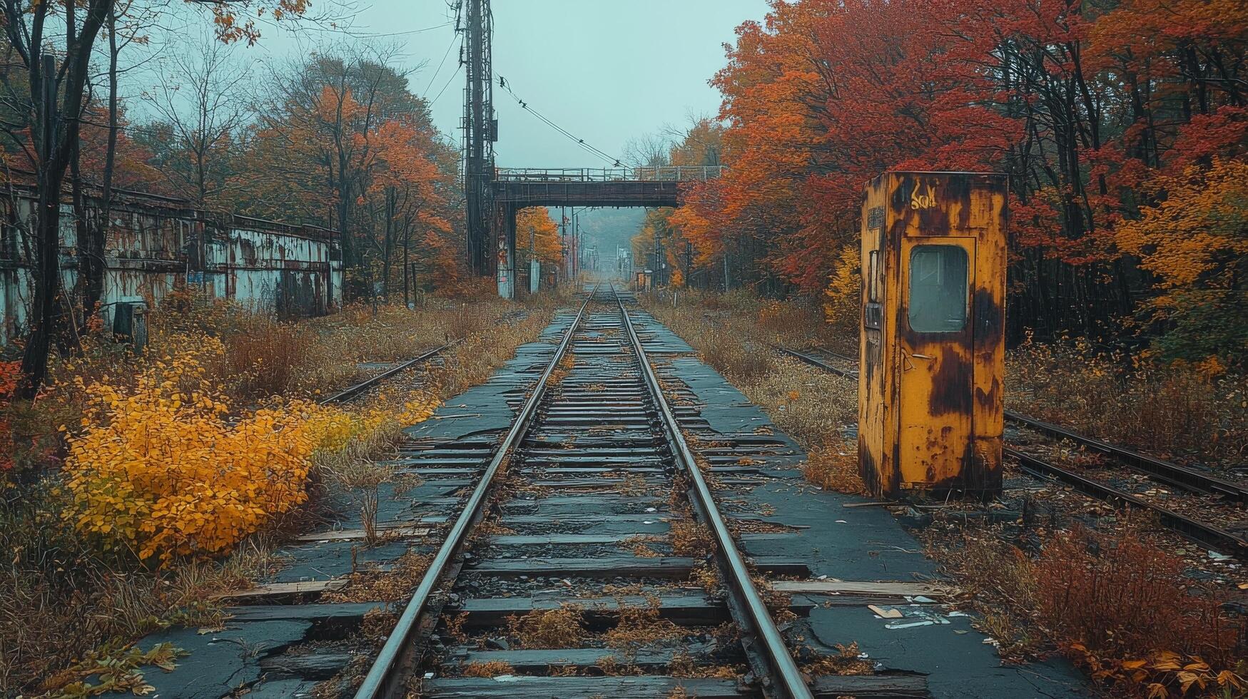 Abandoned railway tracks with autumn foliage in a quiet, rural setting during overcast weather photo