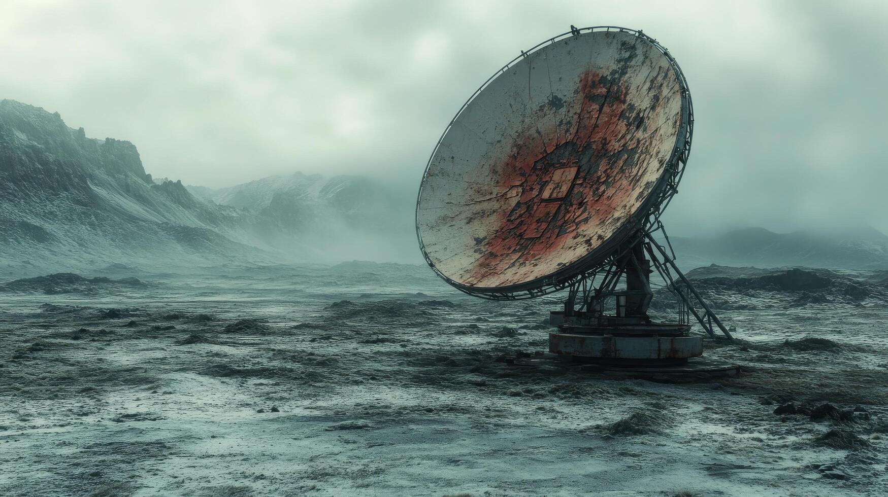 Abandoned satellite dish in a desolate landscape under a cloudy sky photo