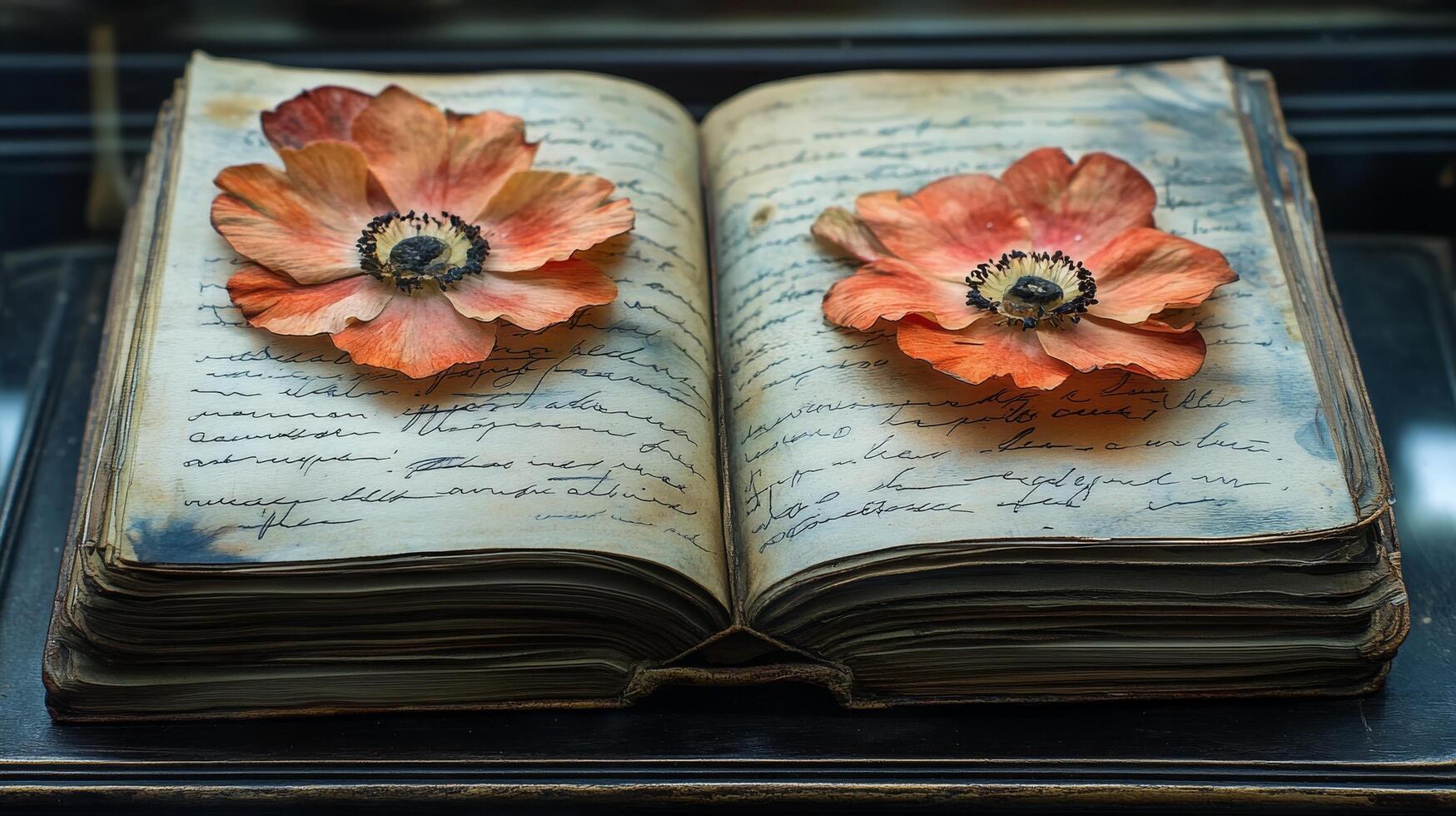 Sunshine illuminates a cozy workspace with flowers and an open notebook on a wooden table photo