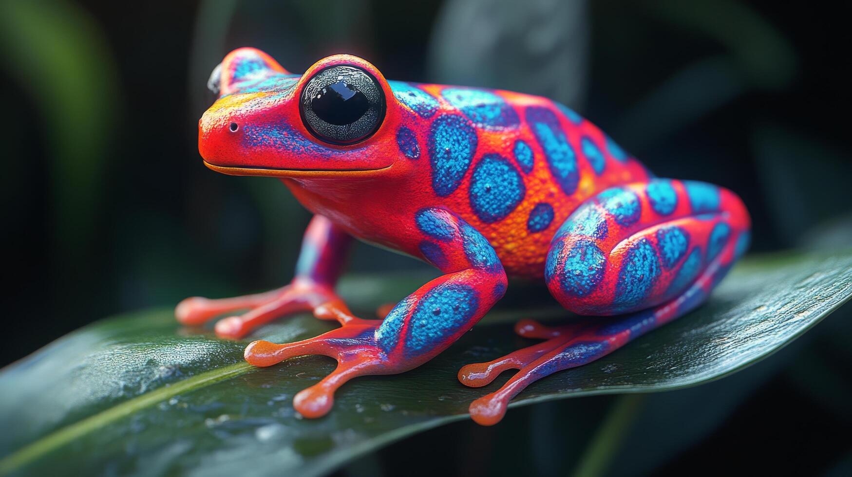 Colorful tropical frog perched on a green leaf in a rainforest habitat photo