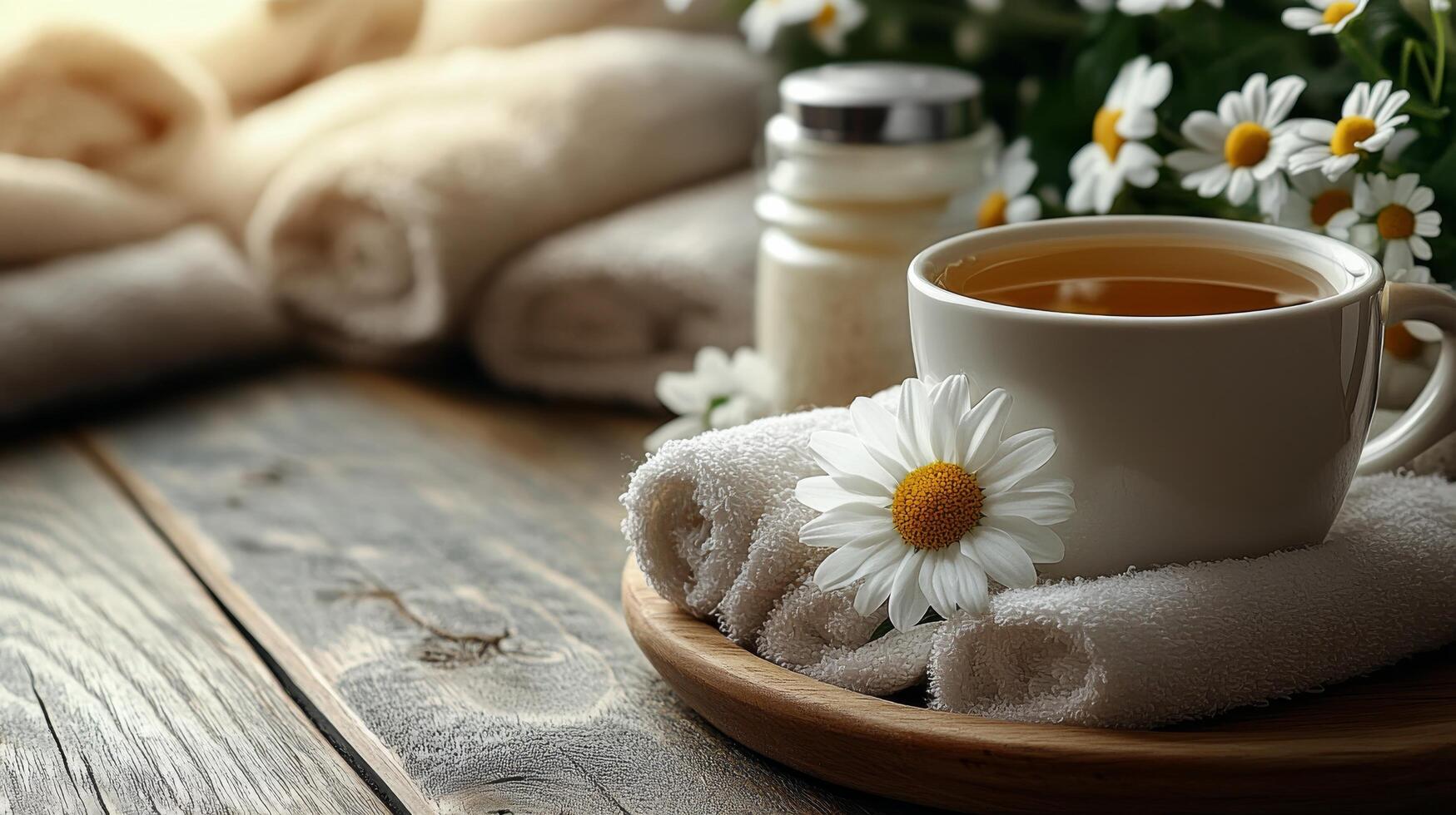 Relaxing tea time with fresh flowers and soft towels in a cozy indoor setting photo