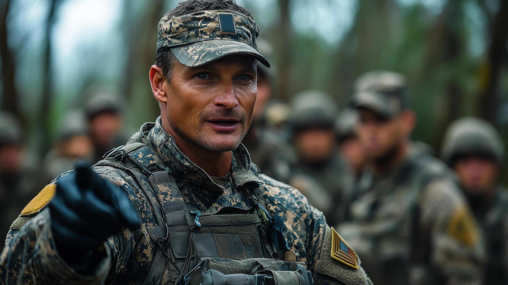 Military trainer instructs troops during field exercises in dense forest environment photo