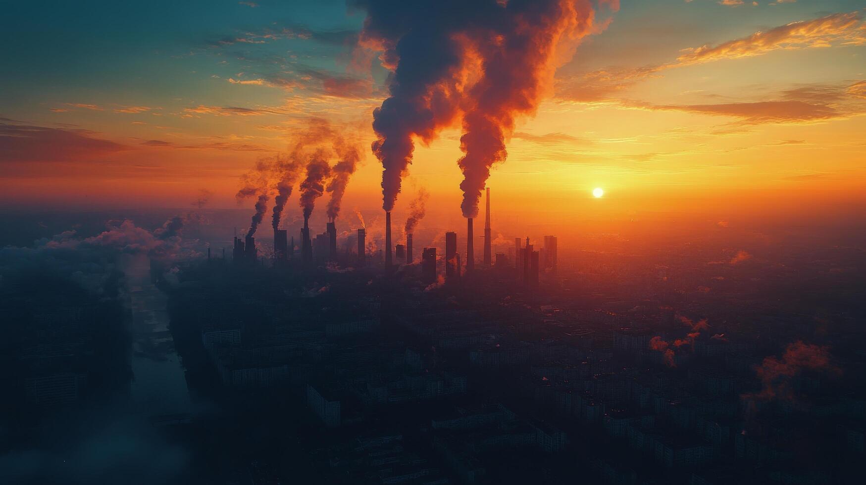City skyline under orange sunset with smoke rising from buildings in a pollution-filled atmosphere photo