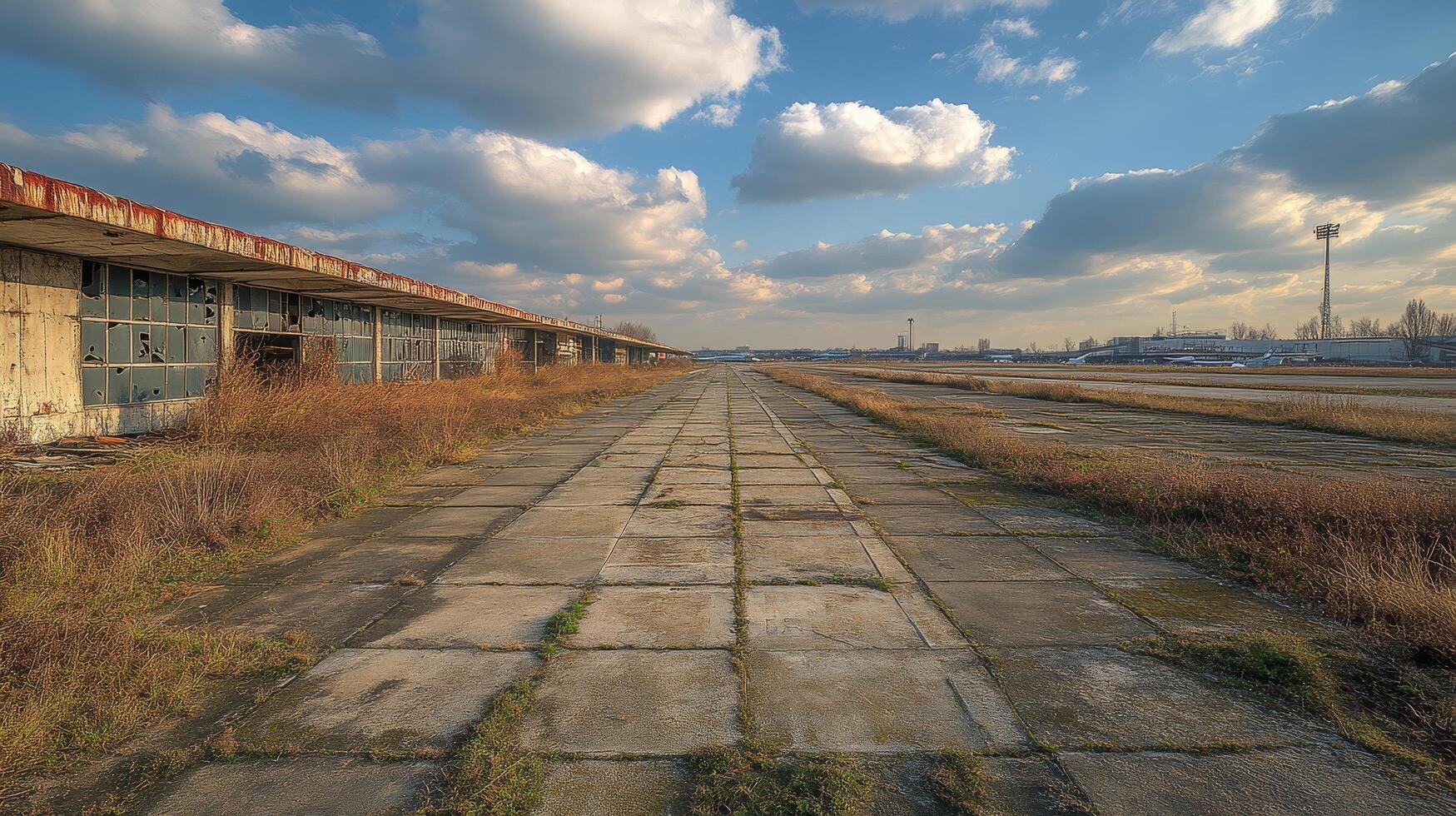 Abandoned industrial site with overgrown terrain under a cloudy sky during late afternoon photo
